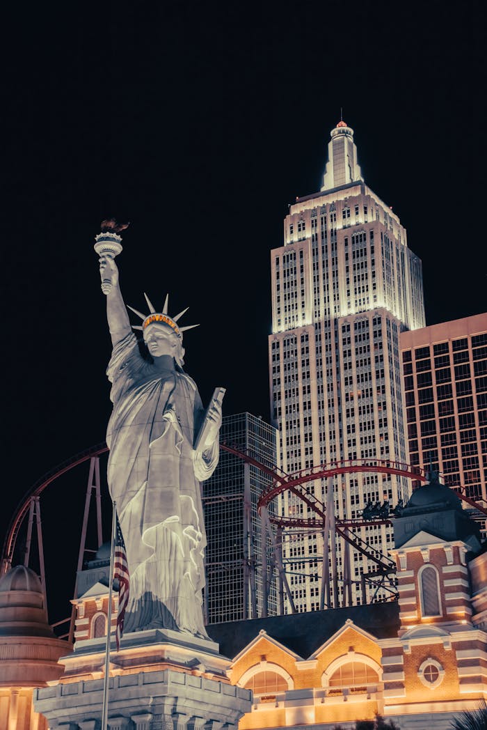 Illuminated replica of Statue of Liberty at New York-New York Hotel and Casino, Las Vegas.