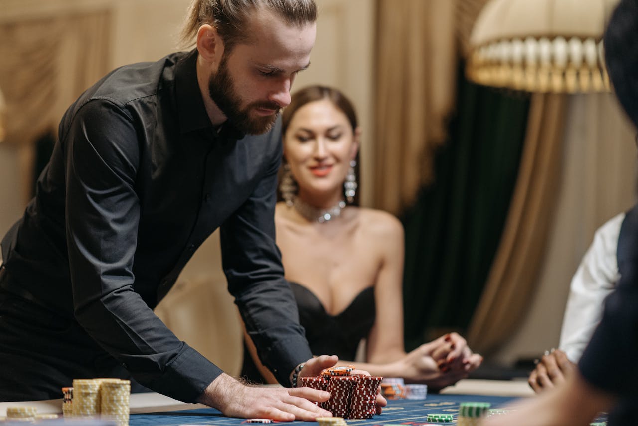 Elegant casino scene with players enjoying a night of gambling, chips, and high-stakes excitement.