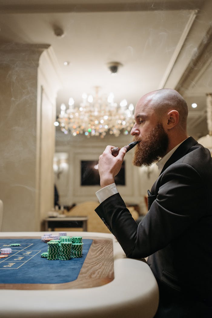 Bald man with beard and pipe gambling in elegant casino, pondering his next move.